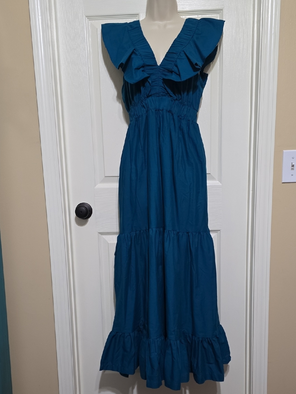 Japna Teal Ruffle V-Neck Maxi Dress